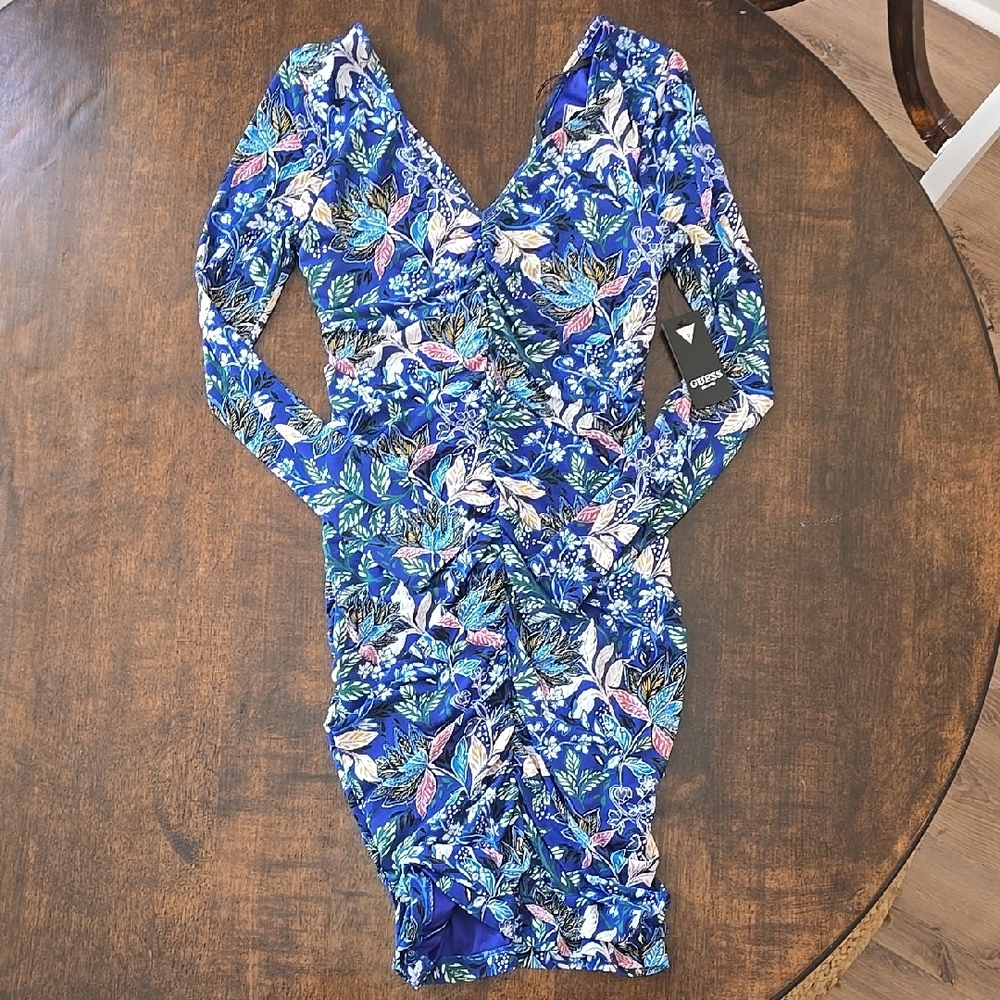 Guess Blue and White Long Sleeve Bodycon Dress